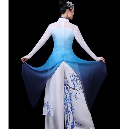 Women chinese folk dance dress blue and white porcelain Classical dance costumes female elegant cheongsam ancient style folk dance qipao dresses